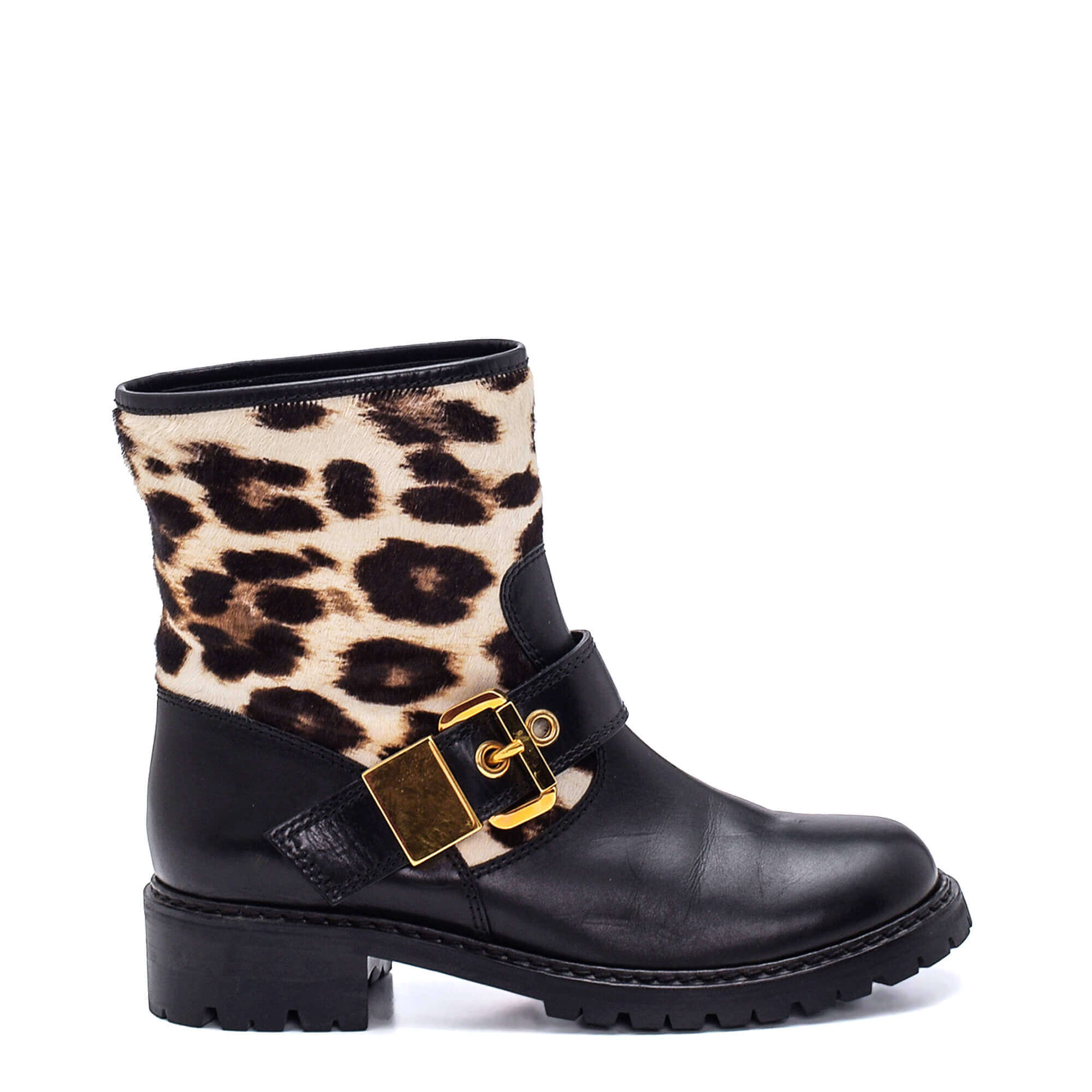 Giuseppe Zanotti - Black Leather Gold Tone Buckle Leopard Detail Boots